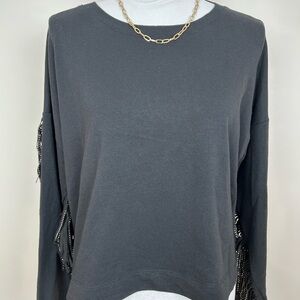 Boho Black Fringe Boxy Fit Long Sleeve Crew Neck Top Shirt Swestshirt